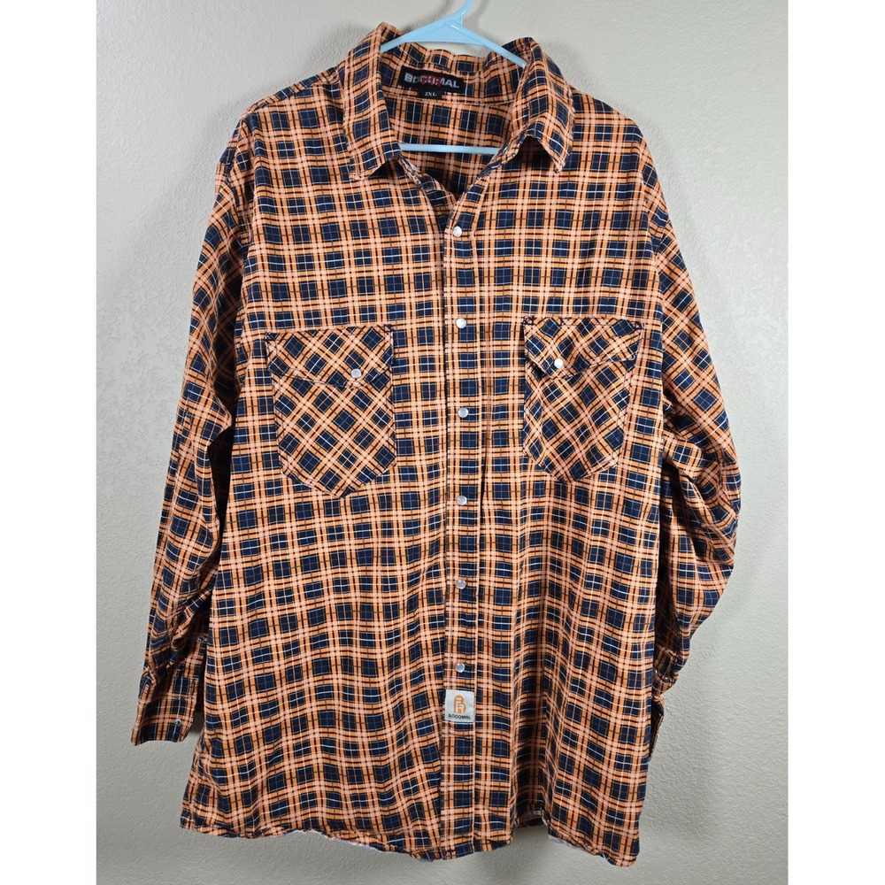 Bocomal FR Flame Resistant Work Shirt Mens 2XL Orange Plaid NFPA 2112 CAT 2